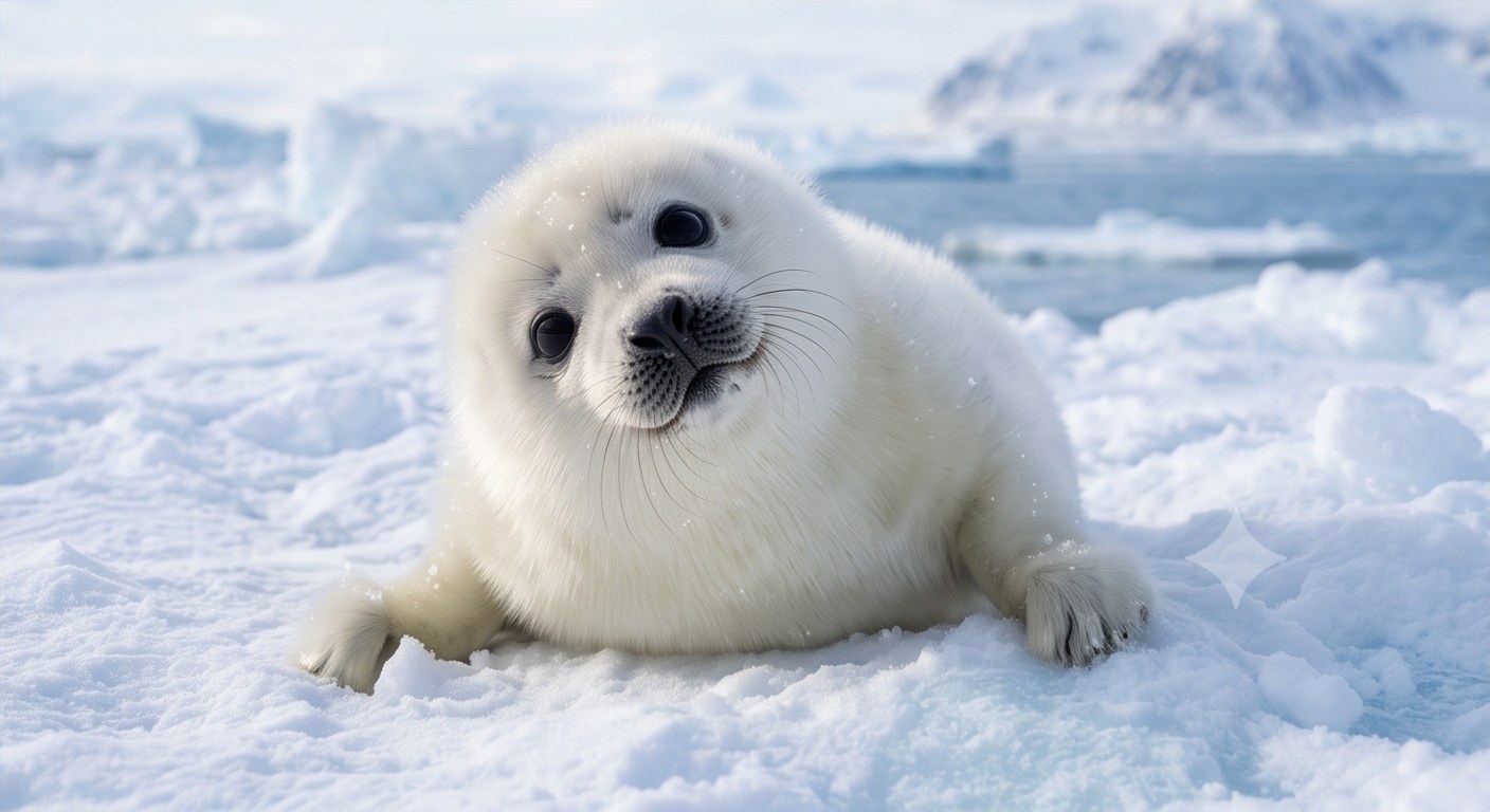 こちらを見つめる白くもふもふの赤ちゃんゴマアザラシ
