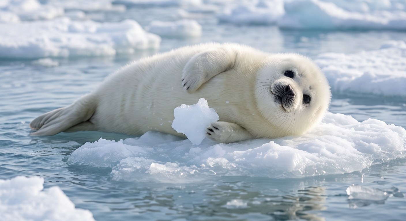 氷の上で寝そべる白い赤ちゃんゴマアザラシ
