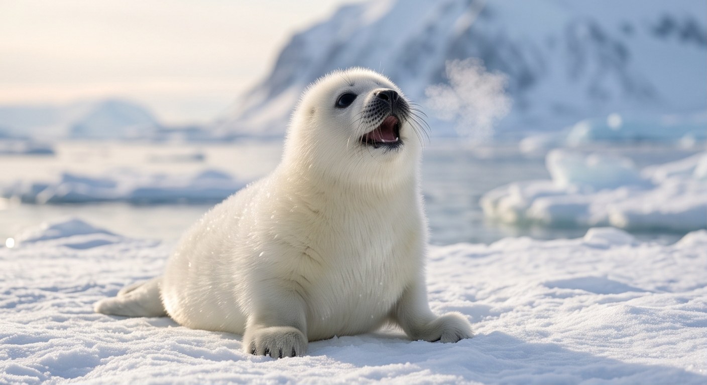 雪の上でうれしそうな白い赤ちゃんゴマアザラシ