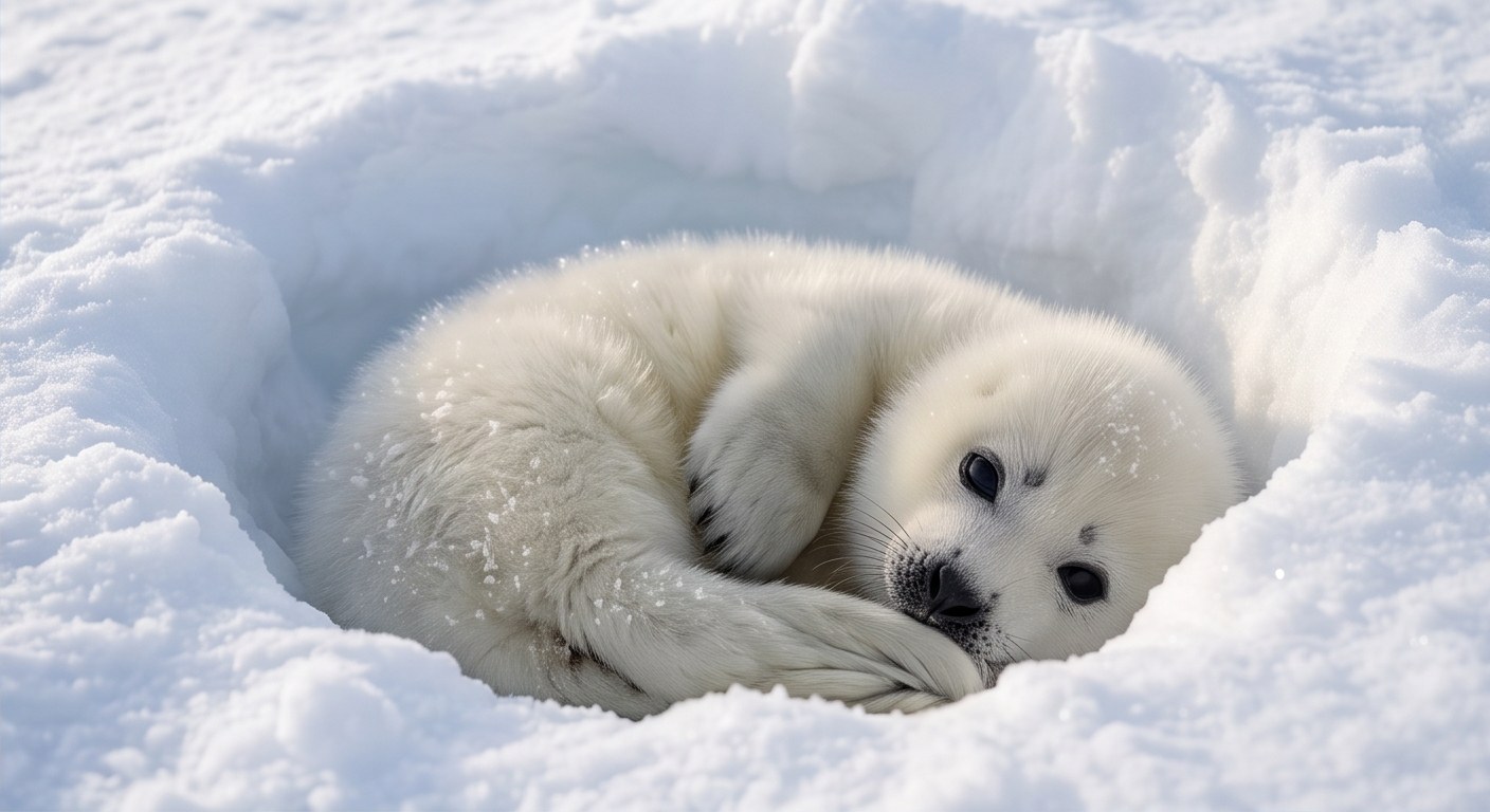 雪でまるくなって眠る赤ちゃんゴマアザラシ