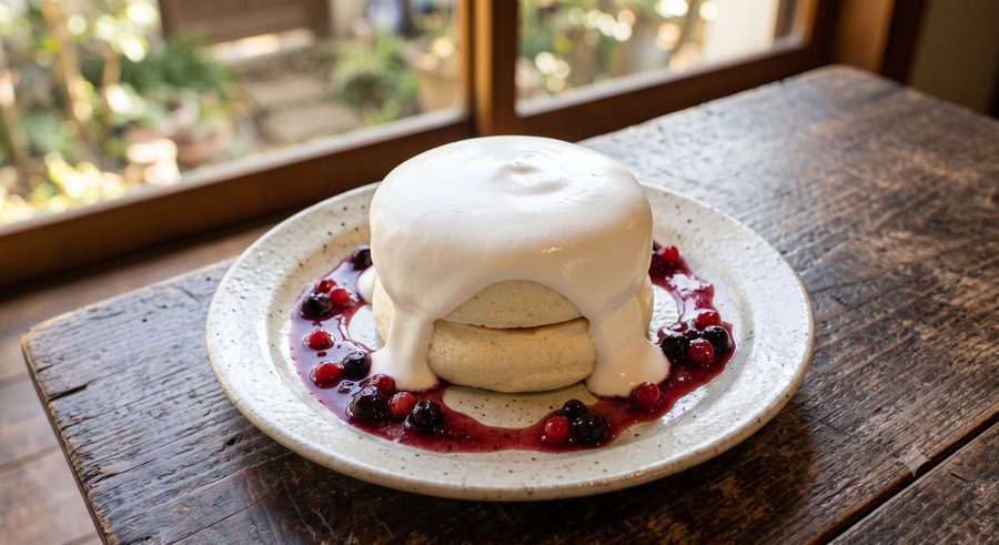 白いクリームとベリーをのせたふわふわパンケーキ