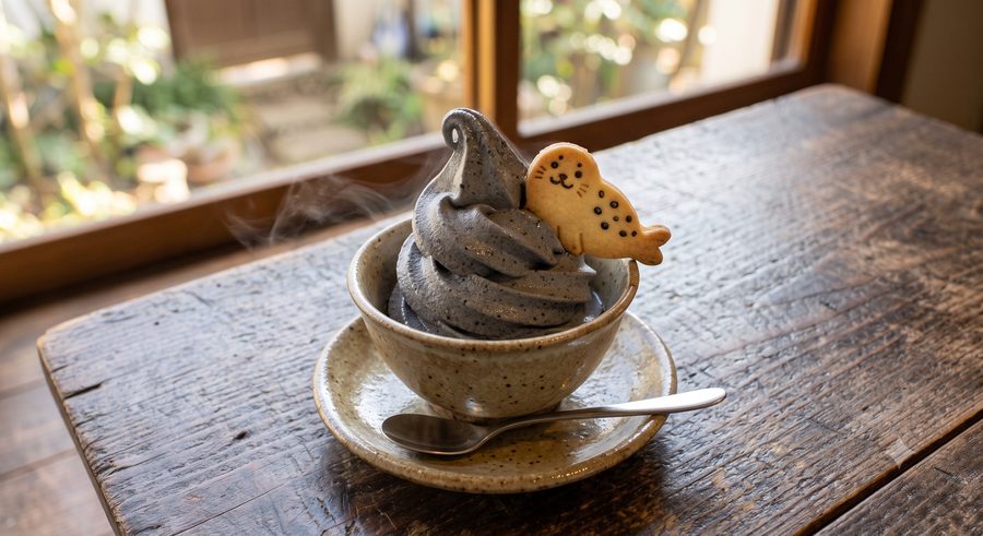 アザラシクッキーをのせた黒ごまソフトクリーム